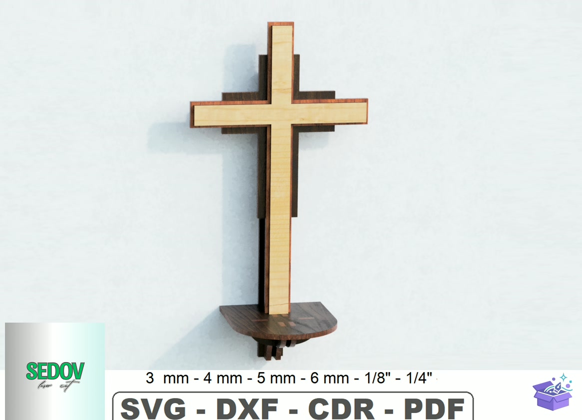 Lazer Kesim Ahşap Wall Cross Altar Duvar Rafı - 3D Baskı ve Model Dosyası (STL, OBJ, 3MF) - detaylı önizleme 5