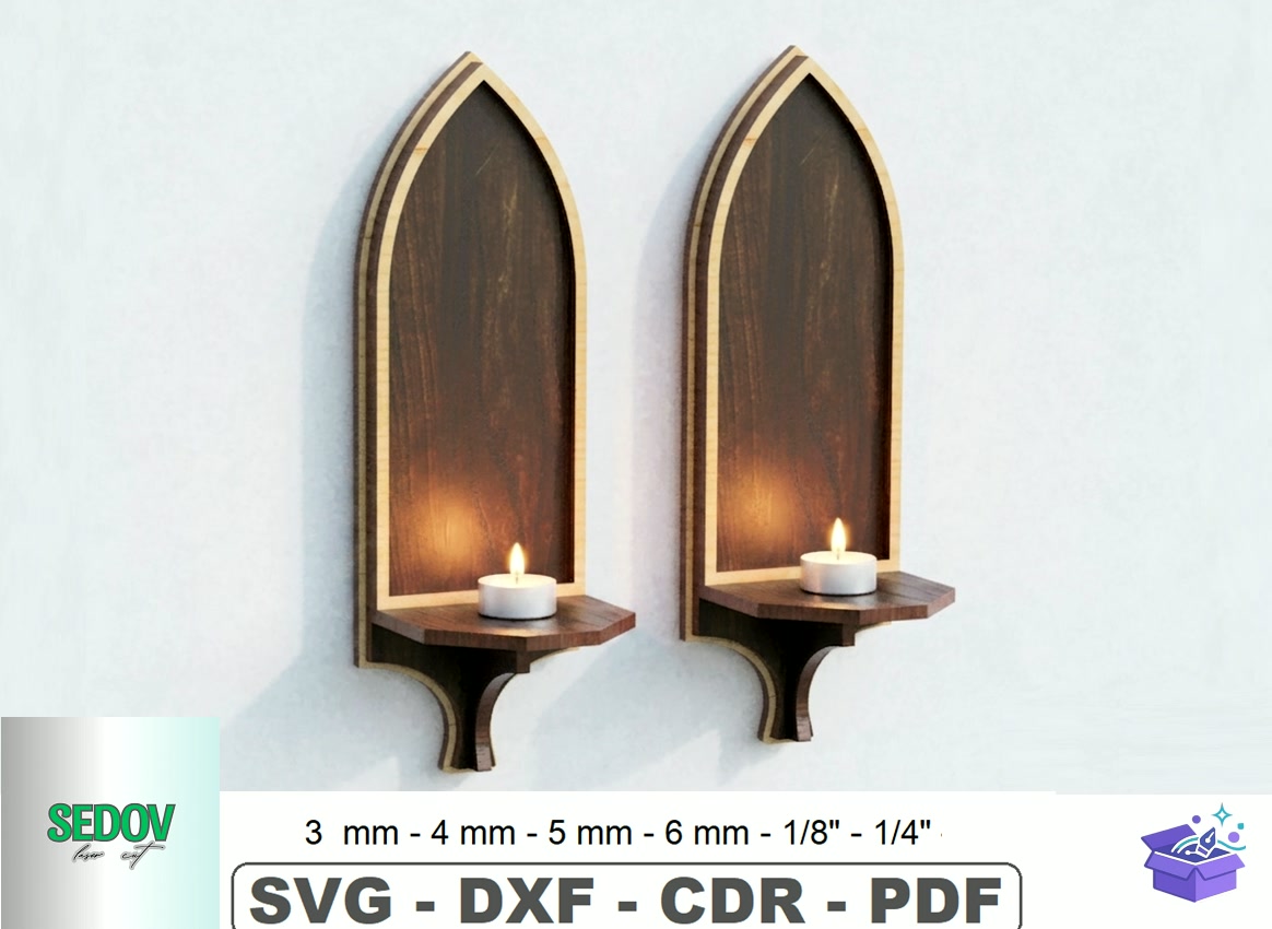 Gothic Arch Wall Candlestick Lazer Kesim - Lazer Kesim ve Çizim Dosyası (SVG, DXF, EPS, PNG) - detaylı önizleme 5