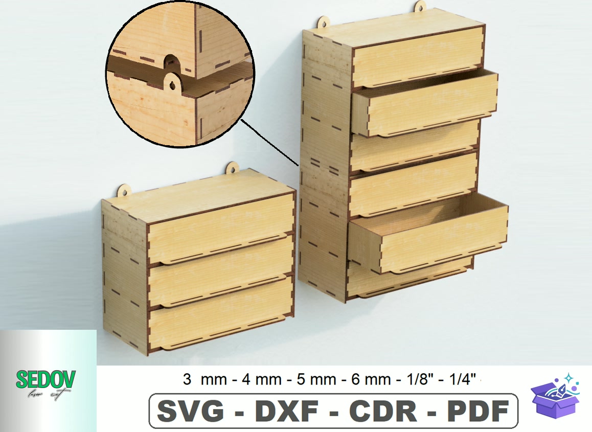 Modular Wall Drawer Laser - Lazer Kesim ve Çizim Dosyası (SVG, DXF, EPS, PNG) - detaylı önizleme 6