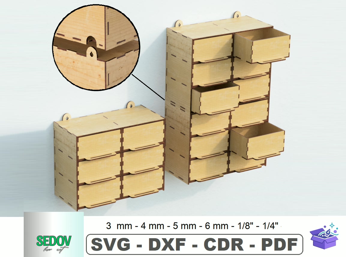 Wall Mount Drawer Organizer Lazer Kesim - Lazer Kesim ve Çizim Dosyası (SVG, DXF, EPS, PNG) - detaylı önizleme 6
