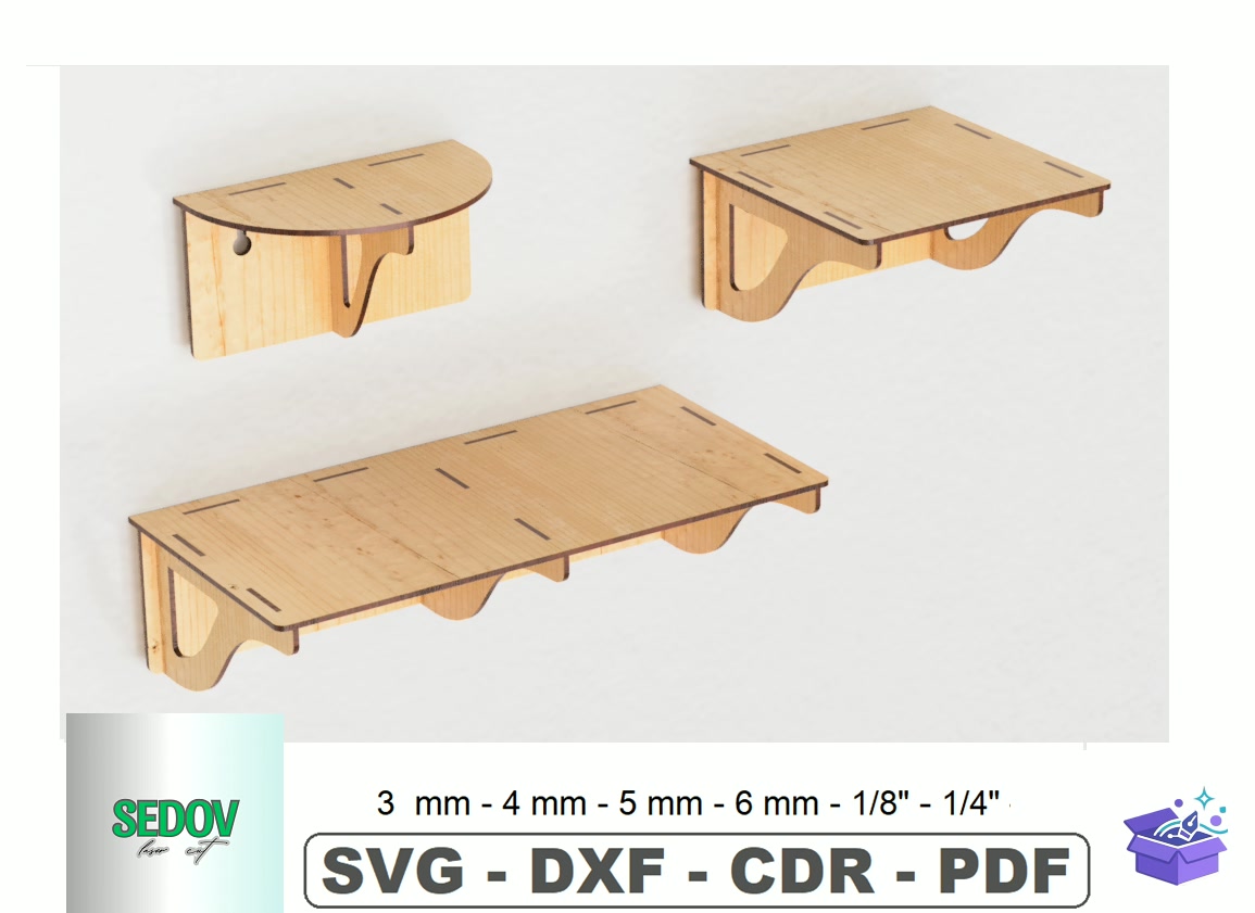 Lazer Kesim Floating Raflar 3 Designs - Lazer Kesim ve Çizim Dosyası (SVG, DXF, EPS, PNG) - detaylı önizleme 6