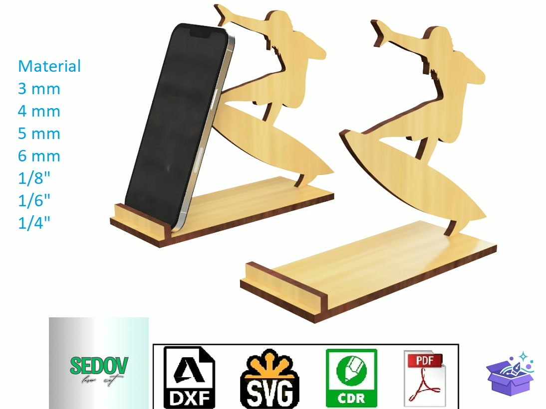 Convenient Surfing Telefon Standı - Lazer Kesim ve Çizim Dosyası (SVG, DXF, EPS, PNG) - detaylı önizleme 5