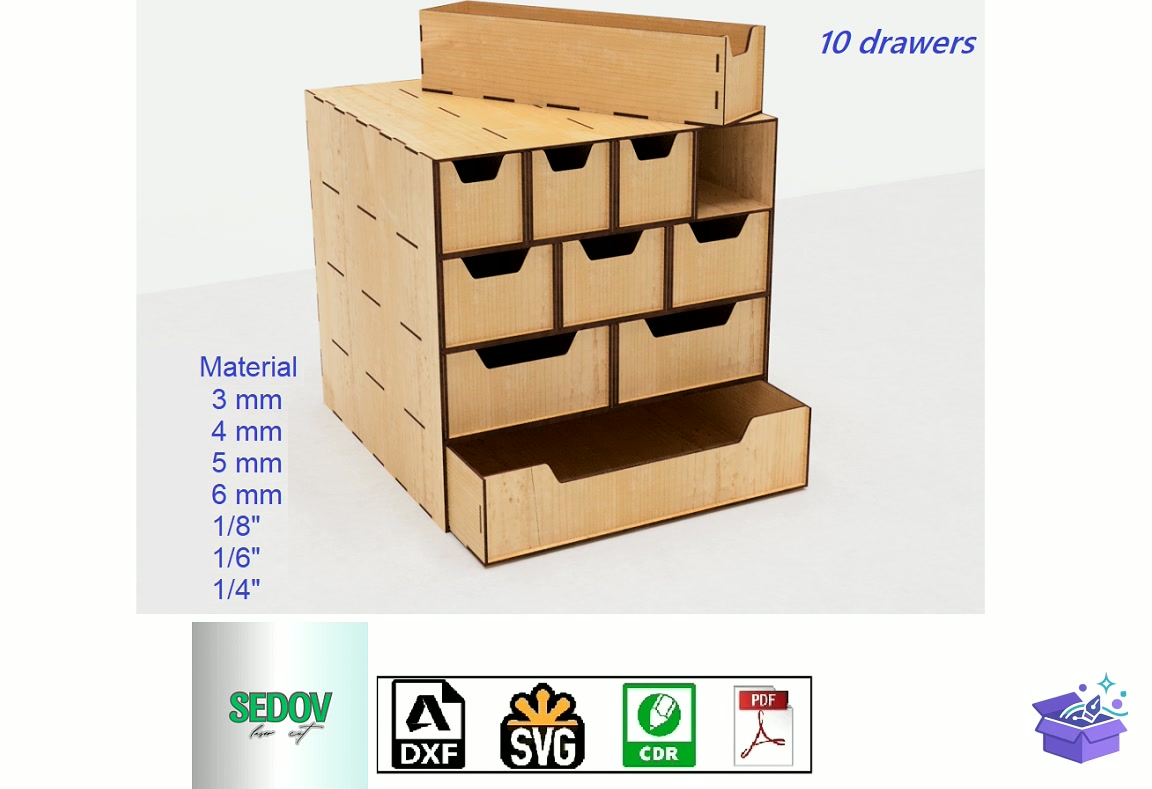 Lazer Kesim Organizer Kutu Of 10 Drawers - Lazer Kesim ve Çizim Dosyası (SVG, DXF, EPS, PNG) - Lazer Kesim Dosyaları İndir (DXF, SVG, EPS)