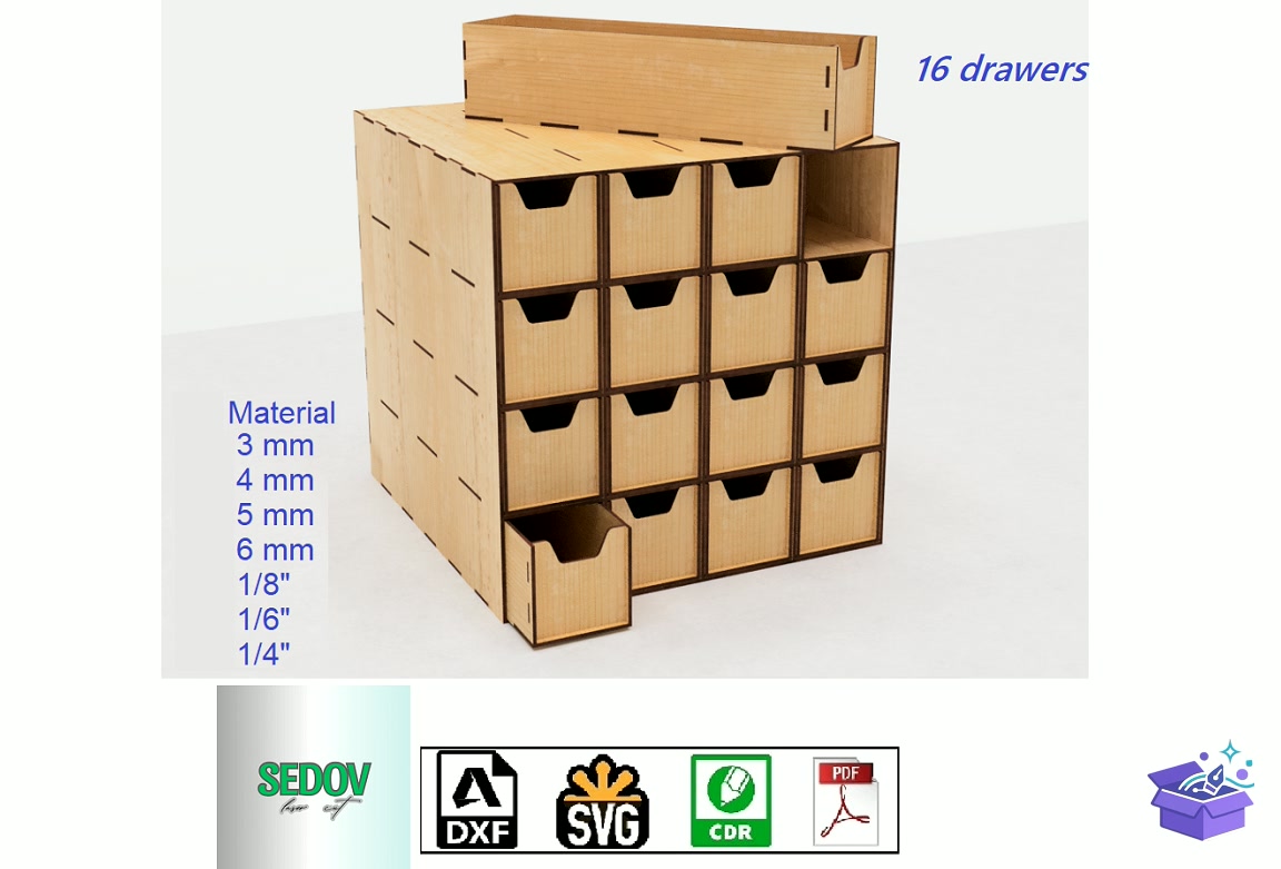 Lazer Kesim Organizer With 16 Drawers - Lazer Kesim ve Çizim Dosyası (SVG, DXF, EPS, PNG) - Lazer Kesim Dosyaları İndir (DXF, SVG, EPS)