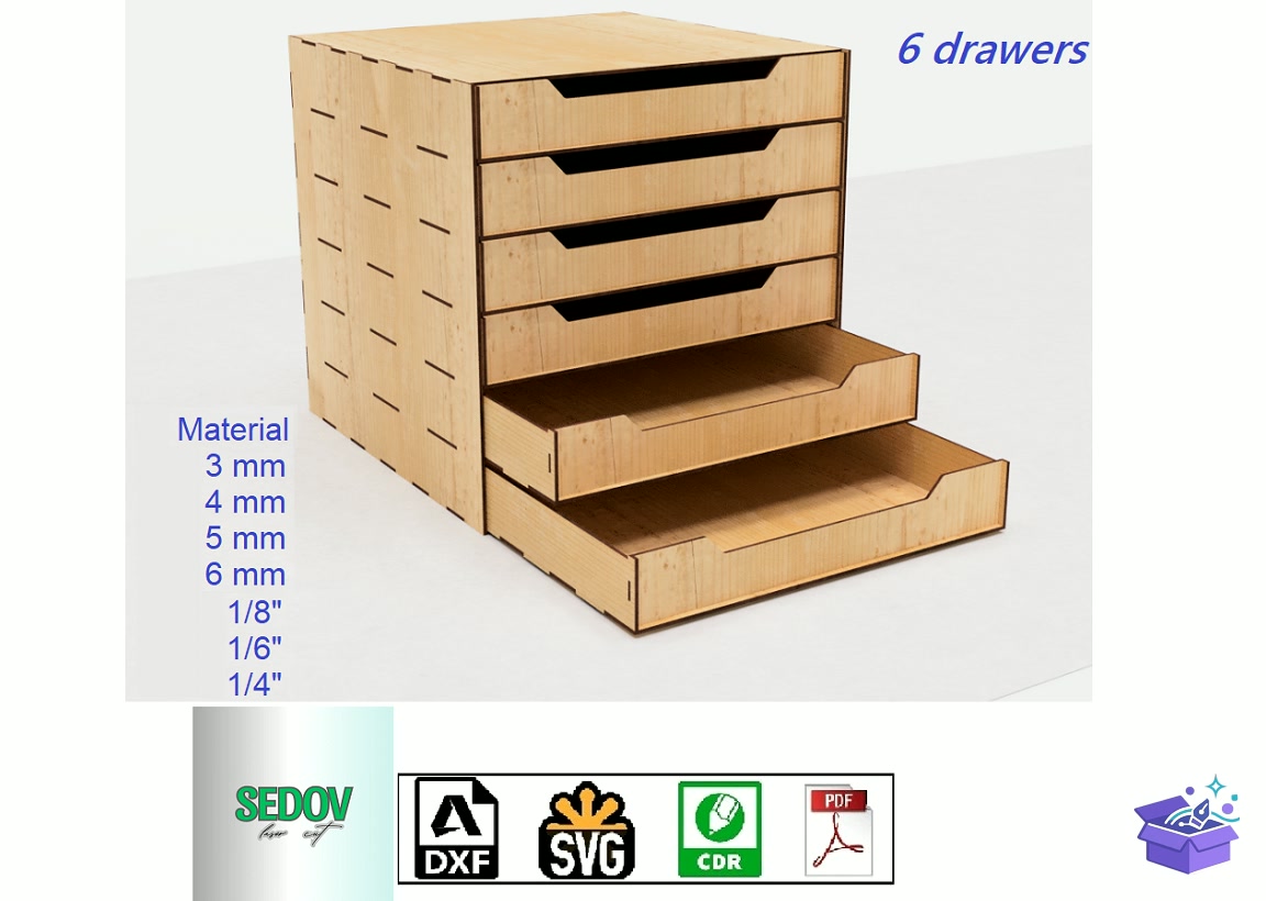 Lazer Kesim Kutu With 6 Drawers - Lazer Kesim ve Çizim Dosyası (SVG, DXF, EPS, PNG) - Lazer Kesim Dosyaları İndir (DXF, SVG, EPS)