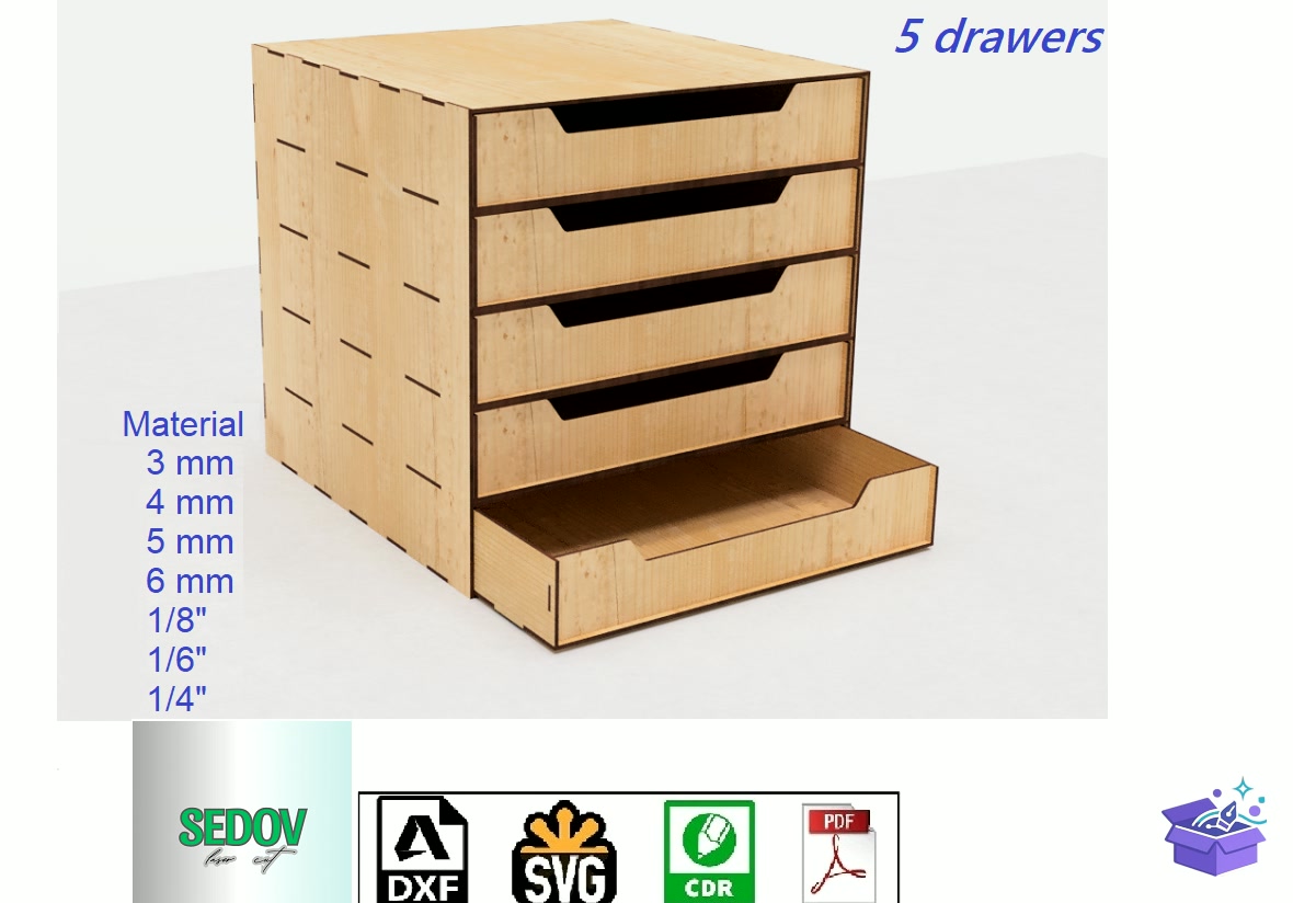 Lazer Kesim Kutu With 5 Drawers - Lazer Kesim ve Çizim Dosyası (SVG, DXF, EPS, PNG) - Lazer Kesim Dosyaları İndir (DXF, SVG, EPS)