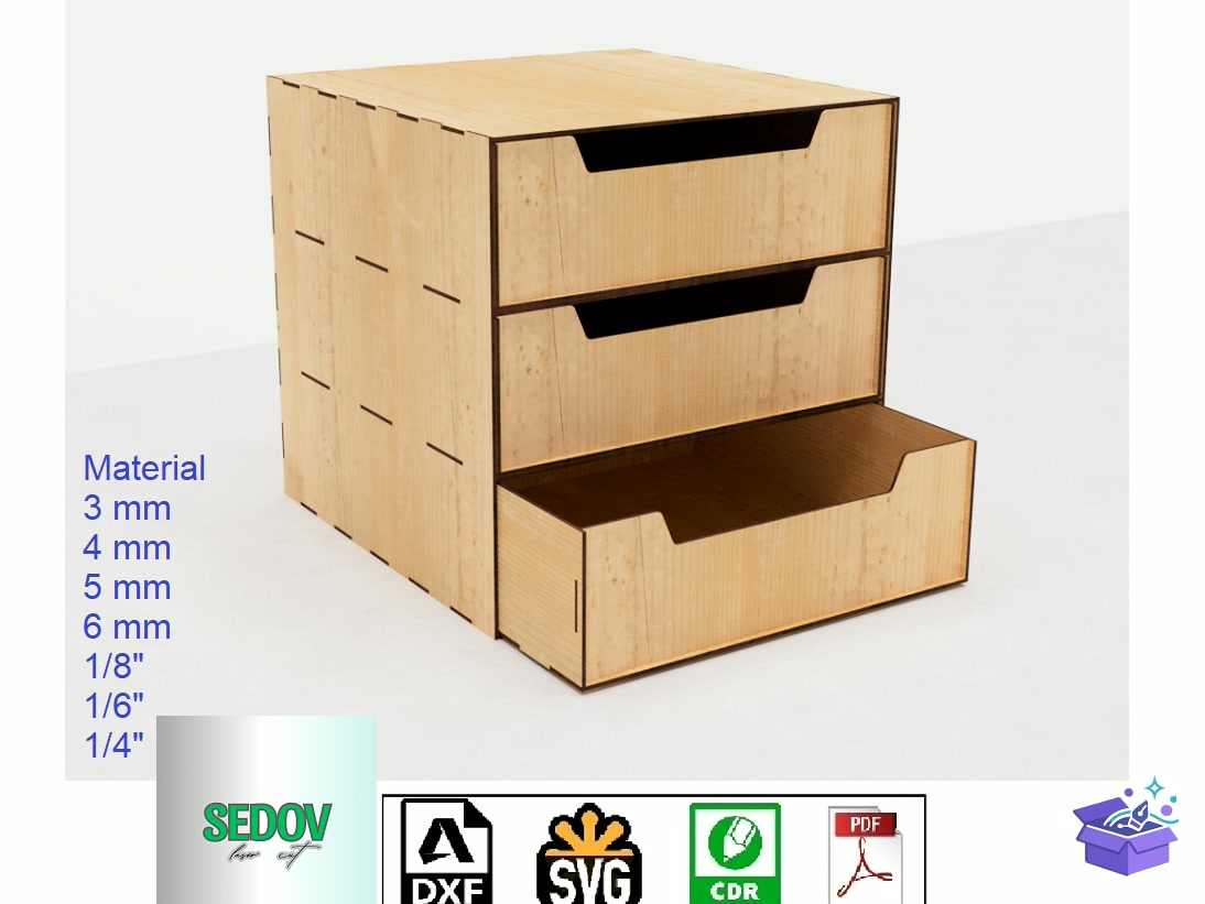 Lazer Kesim Storage Kutu With 3 Drawers - Lazer Kesim ve Çizim Dosyası (SVG, DXF, EPS, PNG) - Lazer Kesim Dosyaları İndir (DXF, SVG, EPS)
