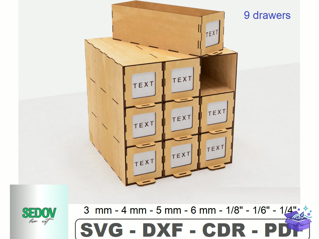 Organizer 9 Drawers Laser - Lazer Kesim ve Çizim Dosyası (SVG, DXF, EPS, PNG) - Lazer Kesim Dosyaları İndir (DXF, SVG, EPS)