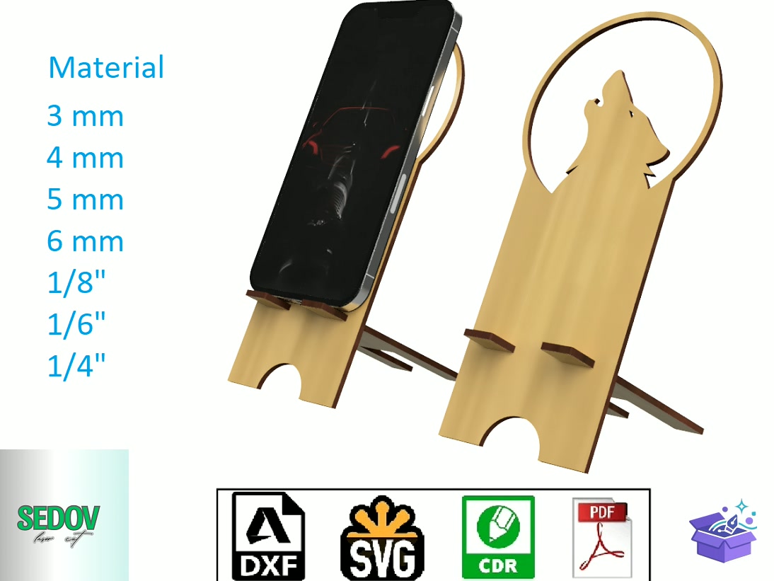 Lazer Kesim Şablon Telefon Standı Wolf - Lazer Kesim ve Çizim Dosyası (SVG, DXF, EPS, PNG) - Lazer Kesim Dosyaları İndir (DXF, SVG, CDR)