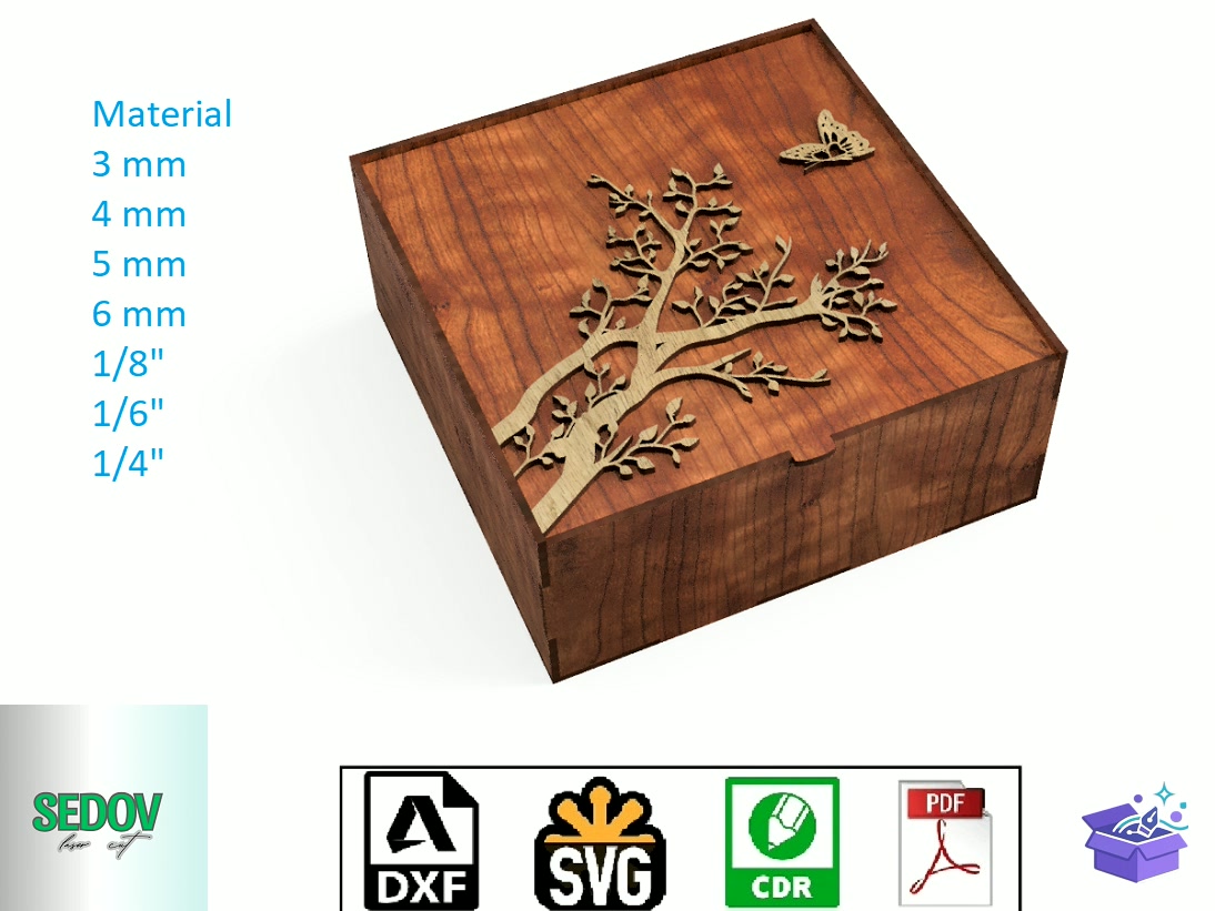 Lazer Kesim Kutu With Ağaç Branch And Lid - Lazer Kesim ve Çizim Dosyası (SVG, DXF, EPS, PNG) - detaylı önizleme 6