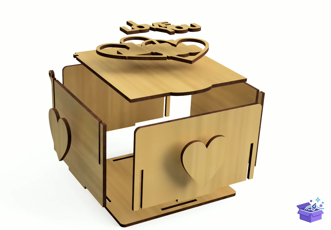Lazer Kesim Kutu With Kalp Temalı 'I Love You' - Lazer Kesim ve Çizim Dosyası (SVG, DXF, EPS, PNG) - detaylı önizleme 2