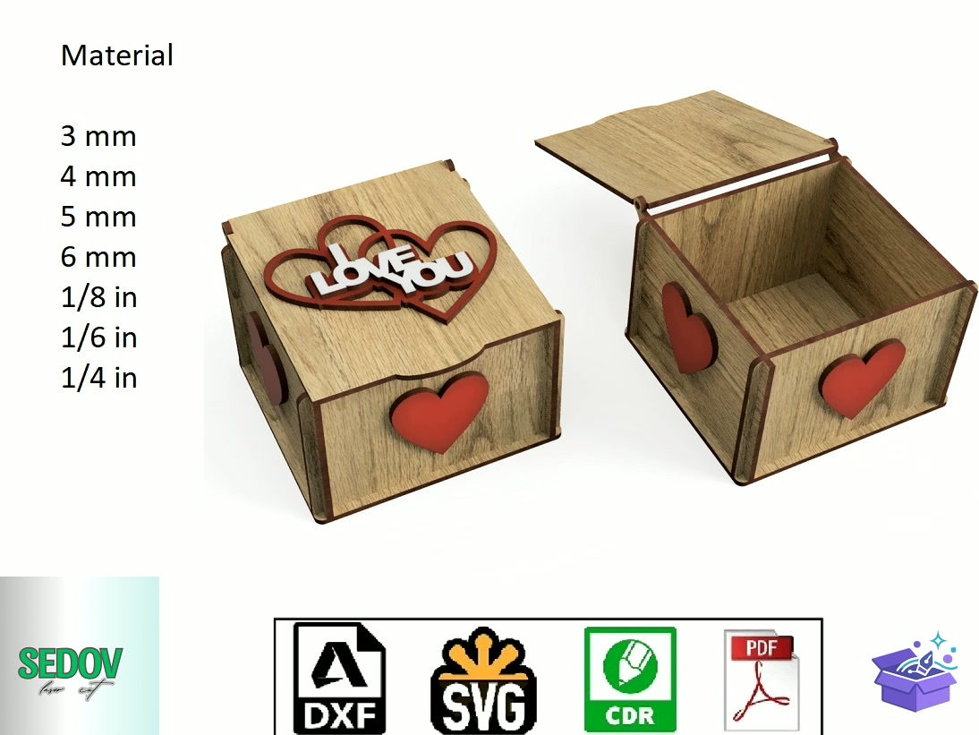 Lazer Kesim Kutu With Kalp Temalı 'I Love You' - Lazer Kesim ve Çizim Dosyası (SVG, DXF, EPS, PNG) - detaylı önizleme 6