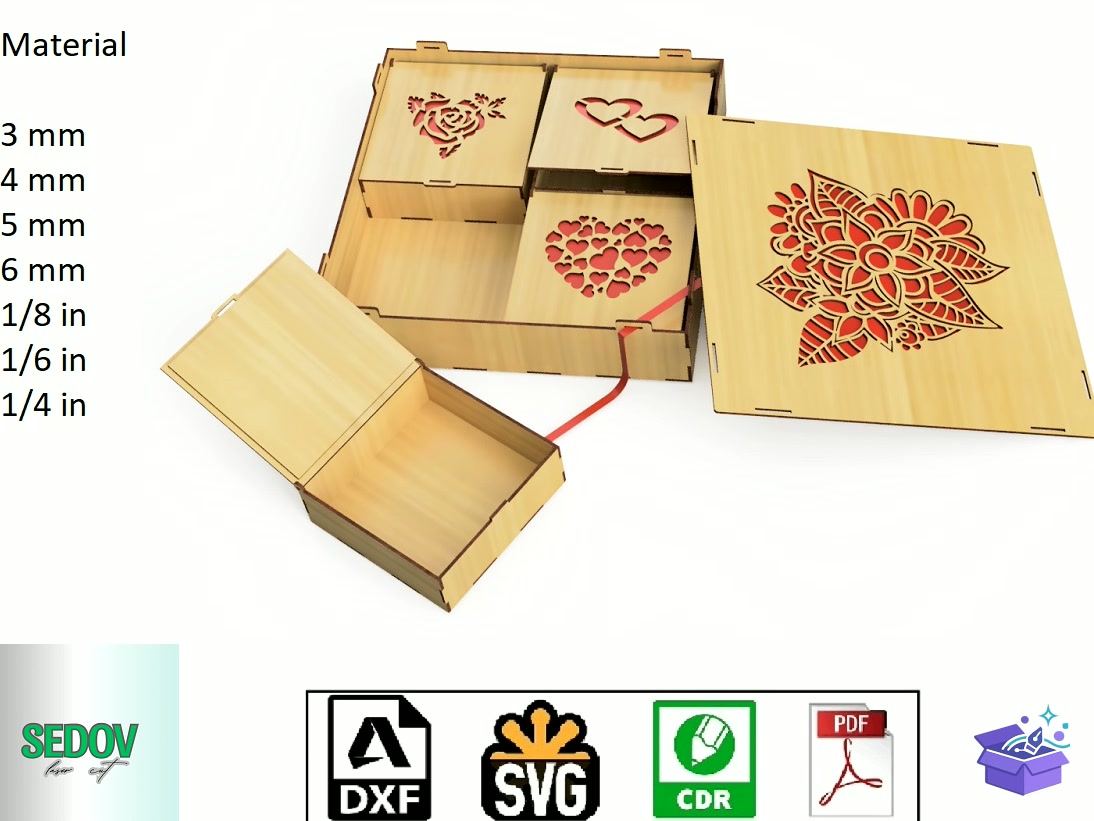 Lazer Kesim Kutu With Kalp Temalı Çiçek - Lazer Kesim ve Çizim Dosyası (SVG, DXF, EPS, PNG) - Lazer Kesim Dosyaları İndir (DXF, SVG, EPS)