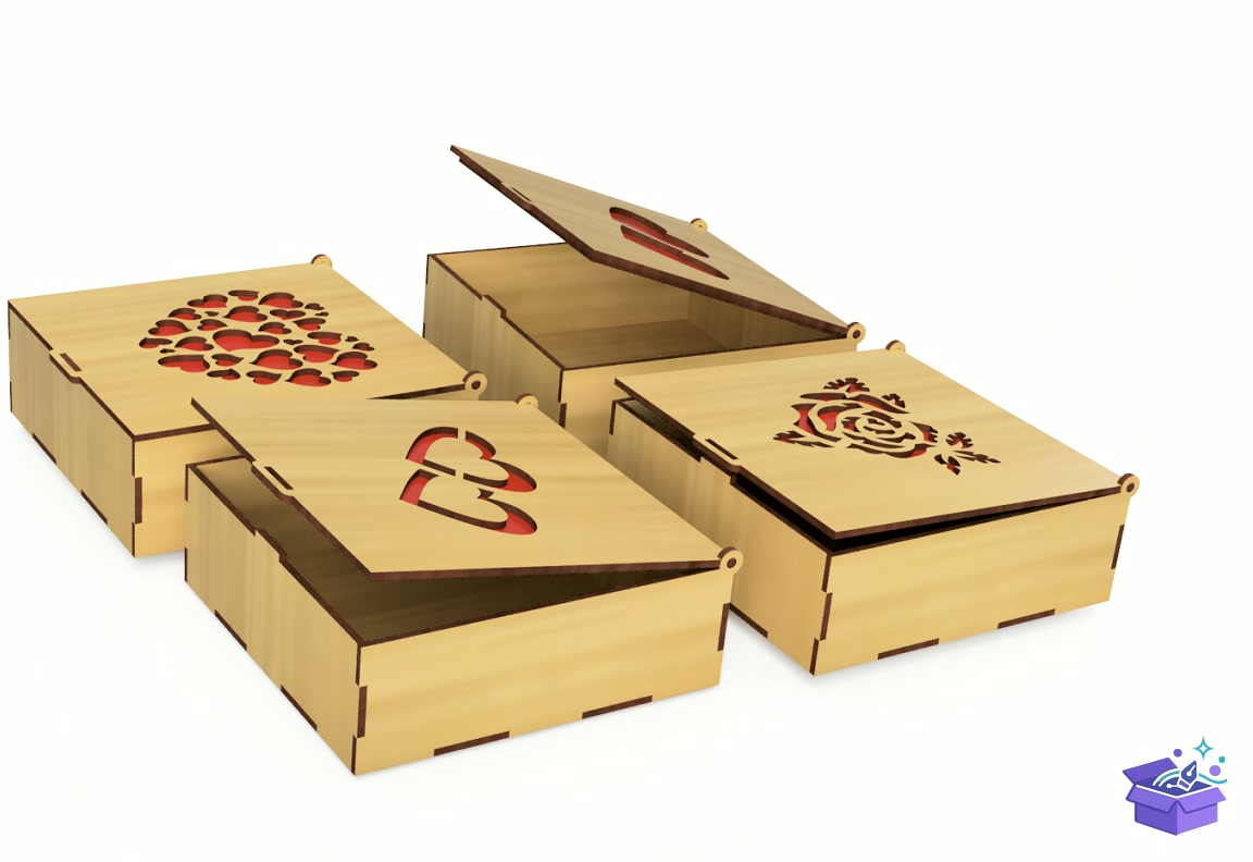 Lazer Kesim Kutu With Kalp Temalı Çiçek - Lazer Kesim ve Çizim Dosyası (SVG, DXF, EPS, PNG) - detaylı önizleme 3