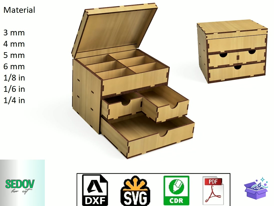 Lazer Kesim Organizer Takı Aksesuar Kutu Casket - Lazer Kesim ve Çizim Dosyası (SVG, DXF, EPS, PNG) - detaylı önizleme 6