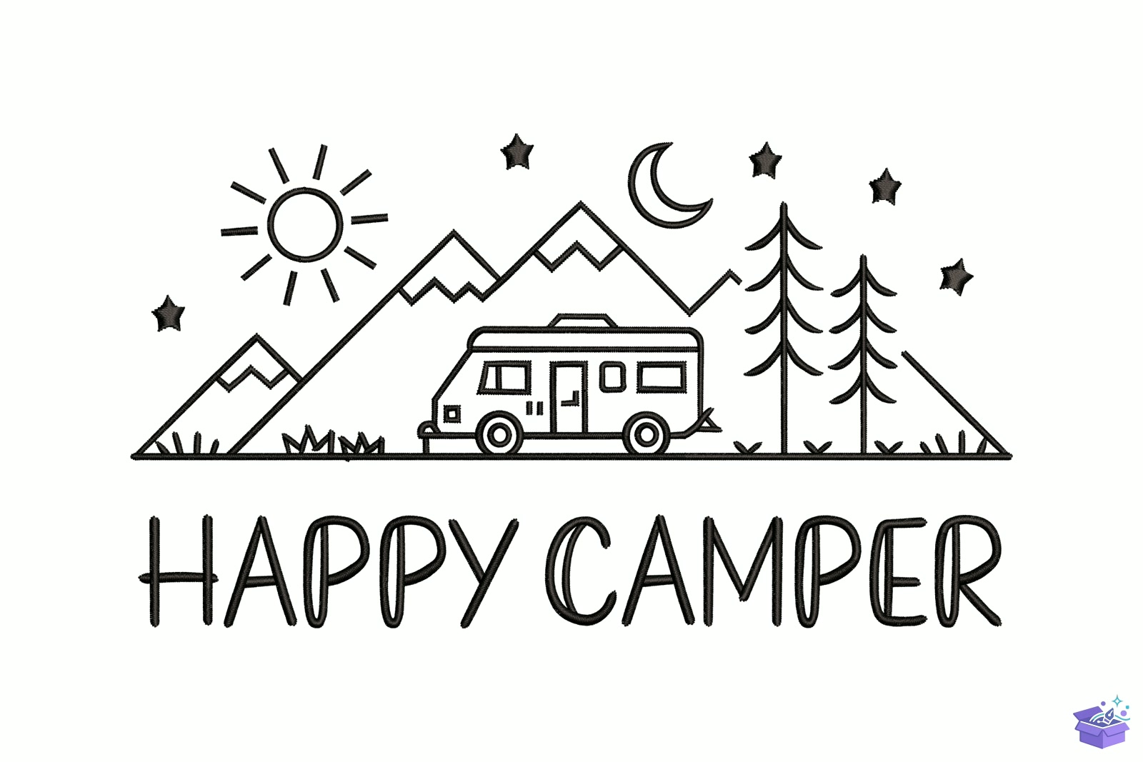 Happy Camper Mountain Scene - Makine Nakış Deseni (SVG, DXF, EPS, PNG) - Nakış Desenleri İndir (DXF, SVG, AI)