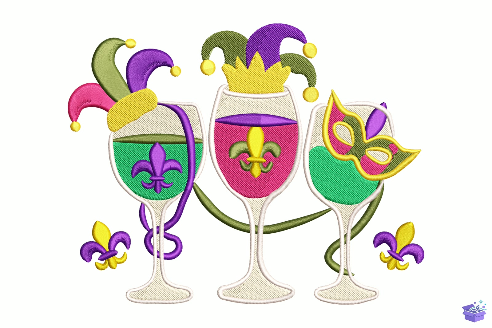 Festive Mardi Gras Wine Glasses - Makine Nakış Deseni (SVG, DXF, EPS, PNG) - detaylı önizleme 5