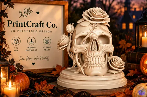 Gothic Floral Rose Skull Sculpture STL - 3D Baskı ve Model Dosyası (STL, OBJ, 3MF) - 3D Baskı  İndir (STL, OBJ, 3MF)