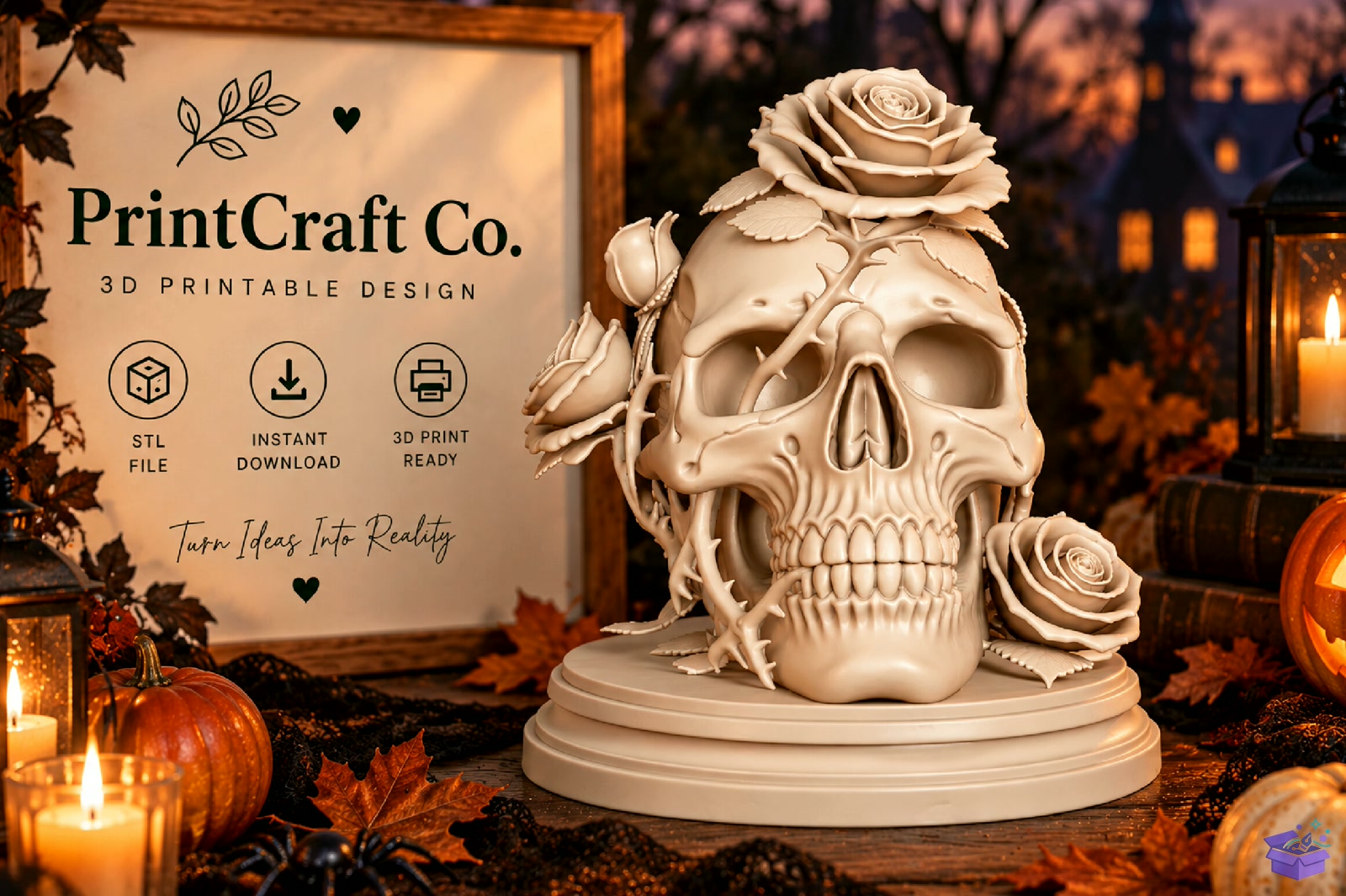 Gothic Floral Rose Skull Sculpture STL - 3D Baskı ve Model Dosyası (STL, OBJ, 3MF) - detaylı önizleme 5