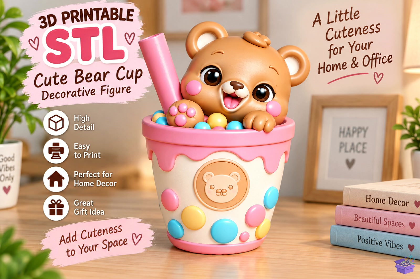 Kawaii Cute Bear Desk Decor STL - 3D Baskı ve Model Dosyası (STL, OBJ, 3MF) - detaylı önizleme 4