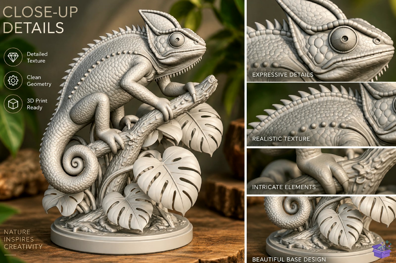 Chameleon On Branch STL Model - 3D Baskı ve Model Dosyası (STL, OBJ, 3MF) - detaylı önizleme 2