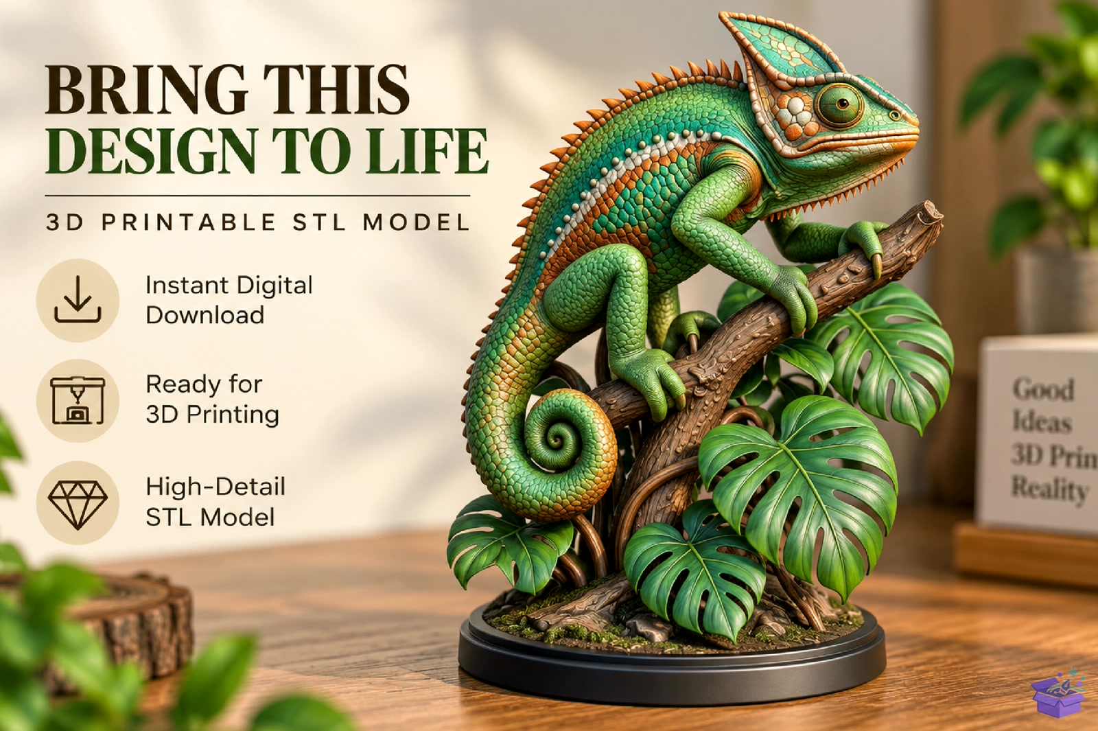 Chameleon On Branch STL Model - 3D Baskı ve Model Dosyası (STL, OBJ, 3MF) - detaylı önizleme 4