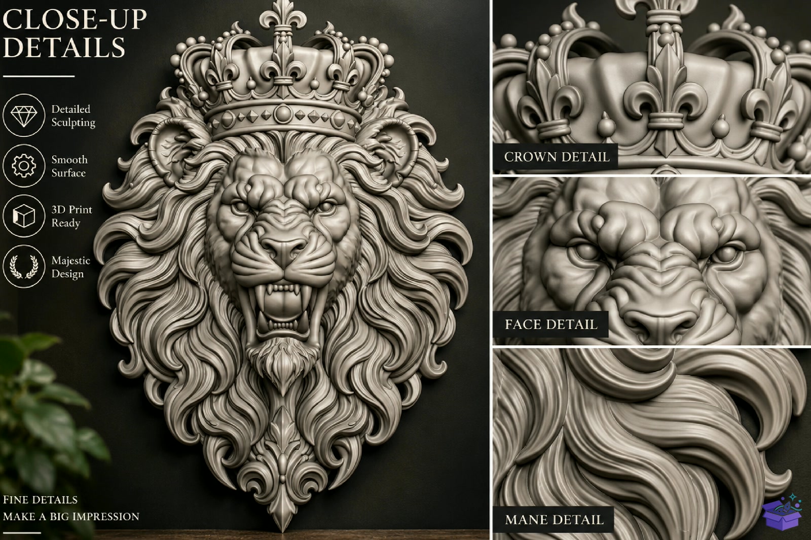 Royal Lion Head Duvar Dekoru STL - 3D Baskı ve Model Dosyası (STL, OBJ, 3MF) - detaylı önizleme 2