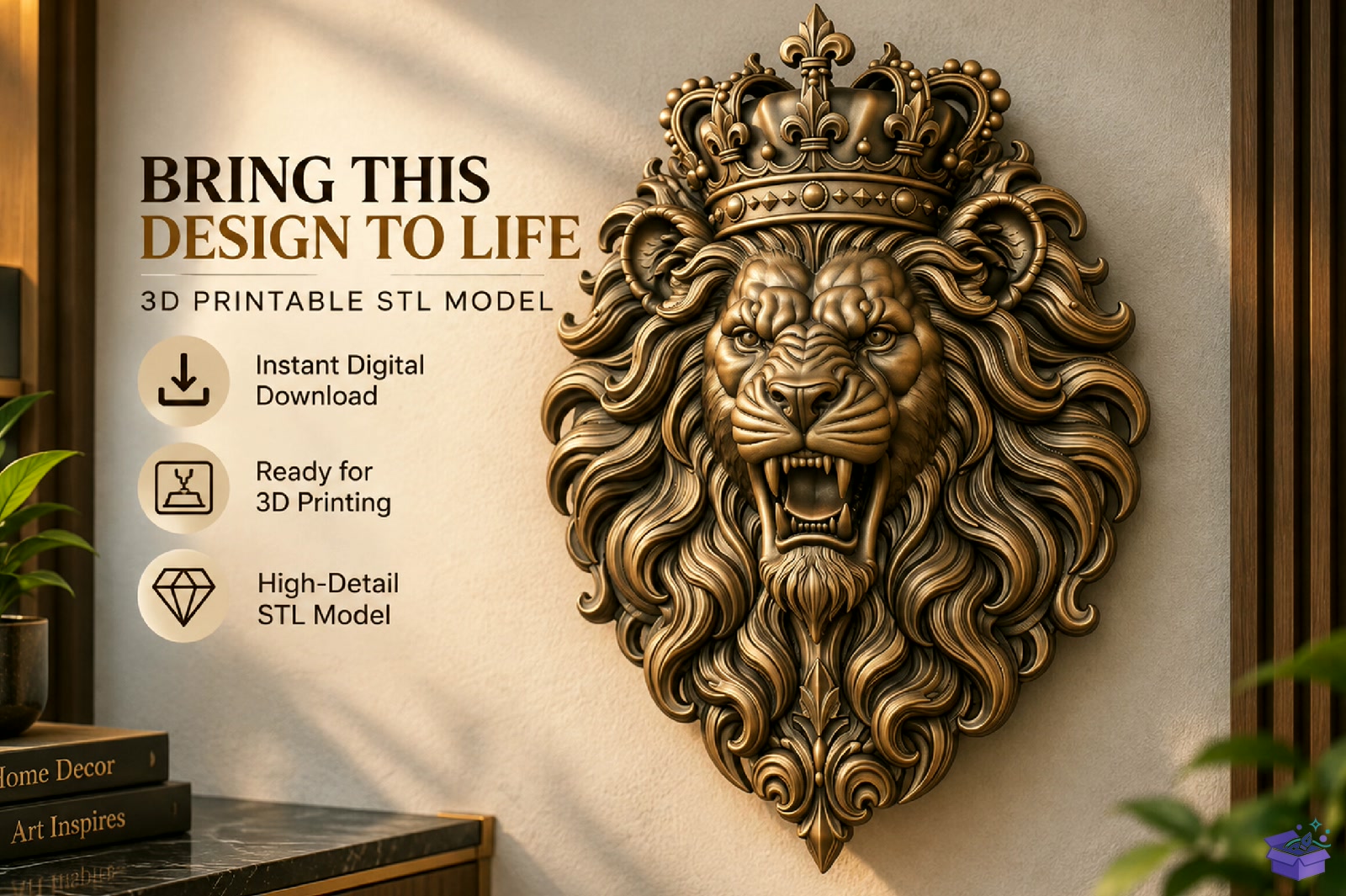Royal Lion Head Duvar Dekoru STL - 3D Baskı ve Model Dosyası (STL, OBJ, 3MF) - detaylı önizleme 4