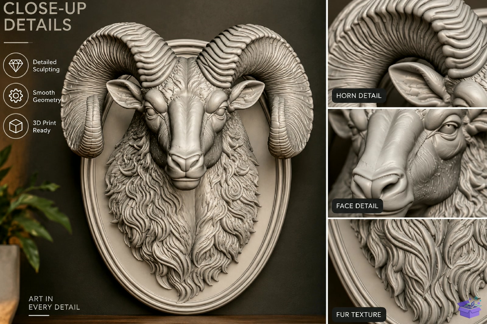 Ram Wall Plaque STL Model - 3D Baskı ve Model Dosyası (STL, OBJ, 3MF) - detaylı önizleme 2