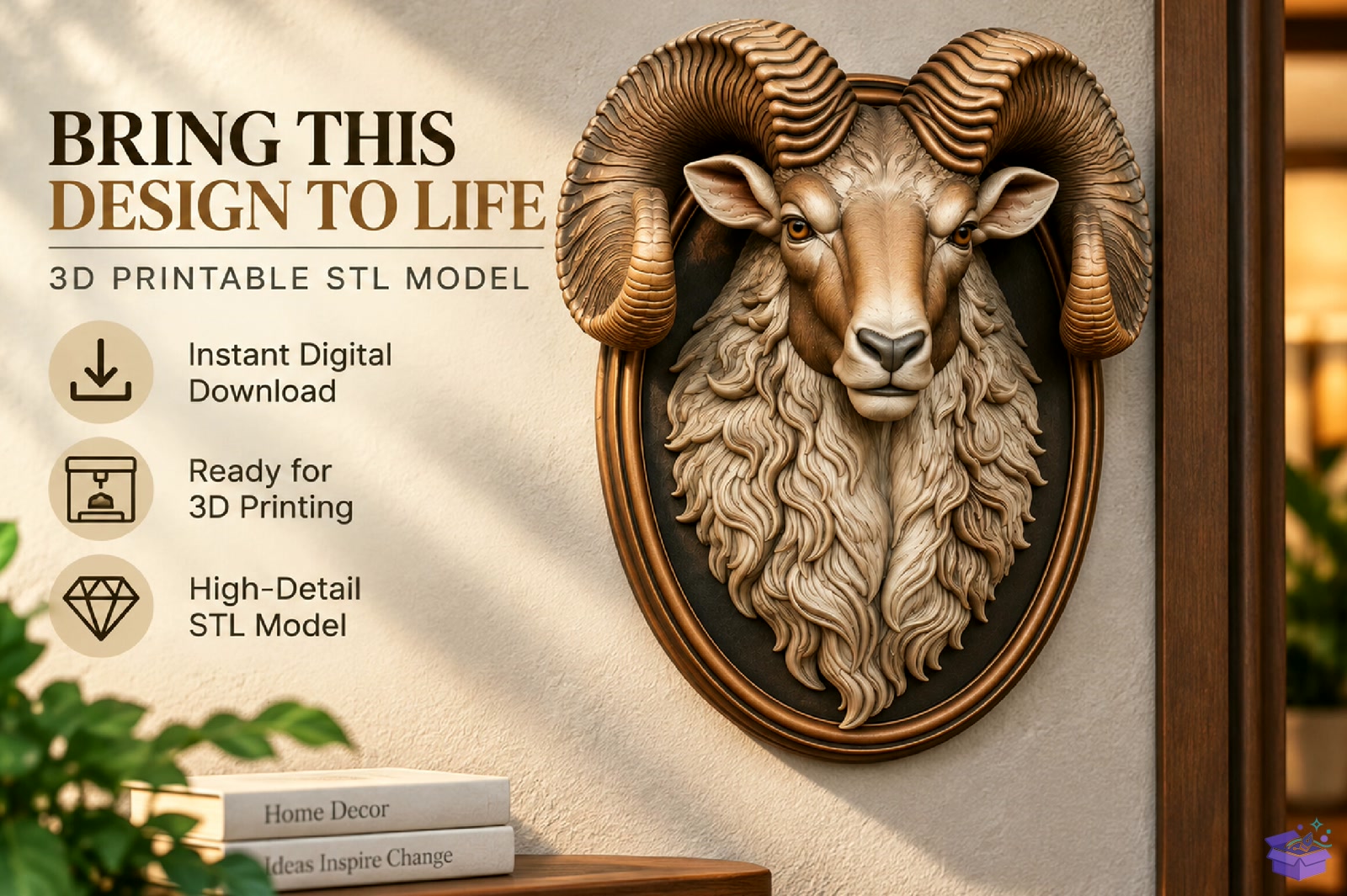 Ram Wall Plaque STL Model - 3D Baskı ve Model Dosyası (STL, OBJ, 3MF) - detaylı önizleme 4