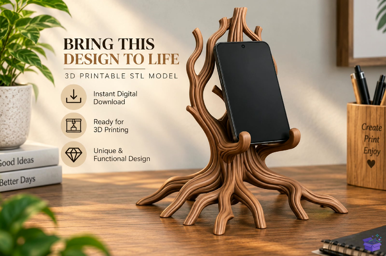 Ağaç Telefon Standı STL Model - 3D Baskı ve Model Dosyası (STL, OBJ, 3MF) - detaylı önizleme 4
