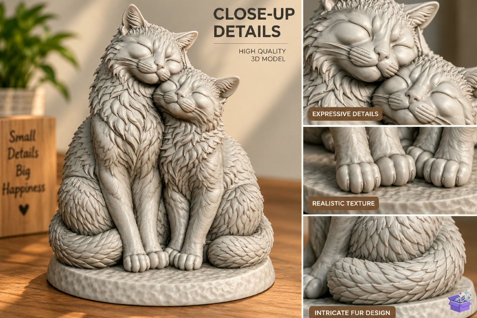 Cozy Kedi Couple Heykel Biblo STL - 3D Baskı ve Model Dosyası (STL, OBJ, 3MF) - detaylı önizleme 2
