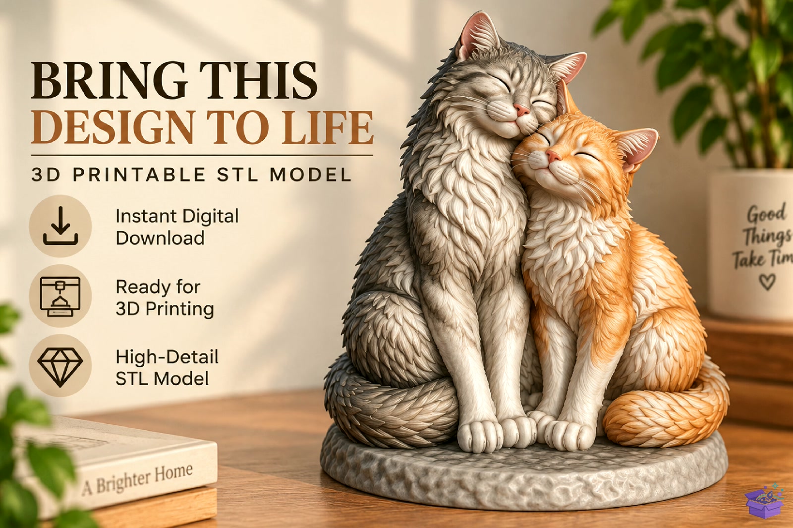 Cozy Kedi Couple Heykel Biblo STL - 3D Baskı ve Model Dosyası (STL, OBJ, 3MF) - detaylı önizleme 4