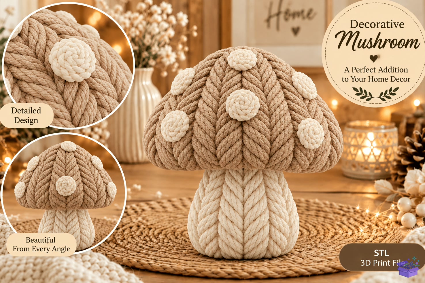 Knitted Mushroom STL Home Decor - 3D Baskı ve Model Dosyası (STL, OBJ, 3MF) - detaylı önizleme 2