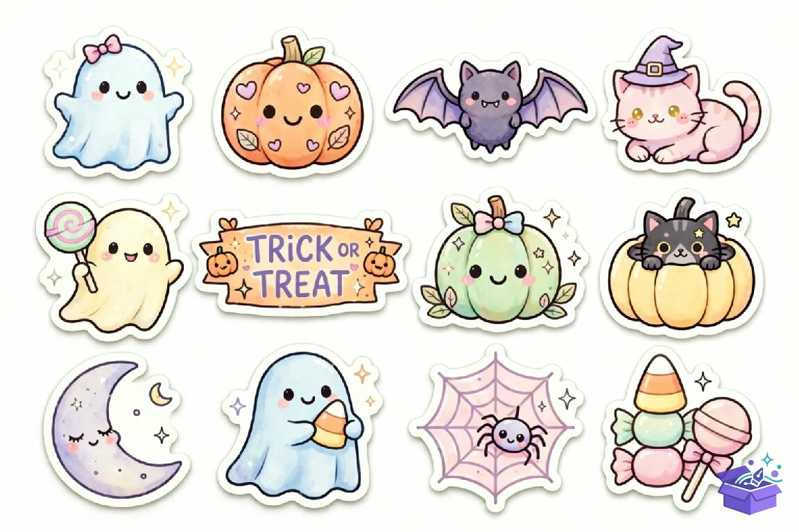 Cute Pastel Kawaii Cadılar Bayramı Sticker - Lazer Kesim ve Çizim Dosyası (SVG, DXF, EPS, PNG) - detaylı önizleme 2
