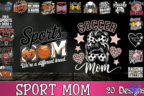 "Sport Mom" Sporcu Anne Tasarımları (20 Tasarım) - Vektörel Çizim & Grafik Dosyası (SVG, DXF, EPS, PNG) - Vektörler & SVG İndir (DXF, SVG, EPS)