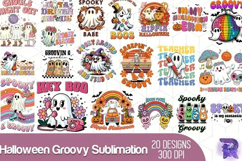 "Groovy" Cadılar Bayramı Tasarımları (20 Tasarım) - DTF & Süblimasyon Baskı Tasarımı (PNG) - Süblimasyon İndir (PNG)