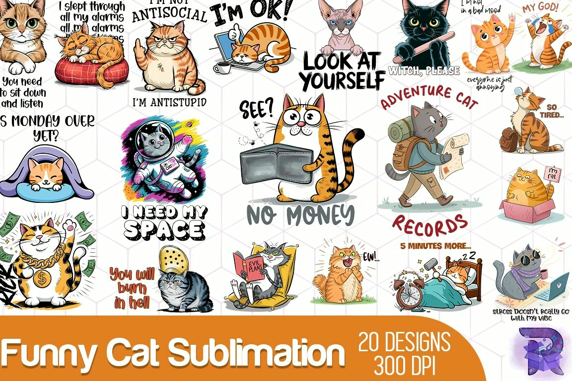 Funny Kedi Süblimasyon Baskı - DTF & Süblimasyon Baskı Tasarımı (SVG, DXF, EPS, PNG)