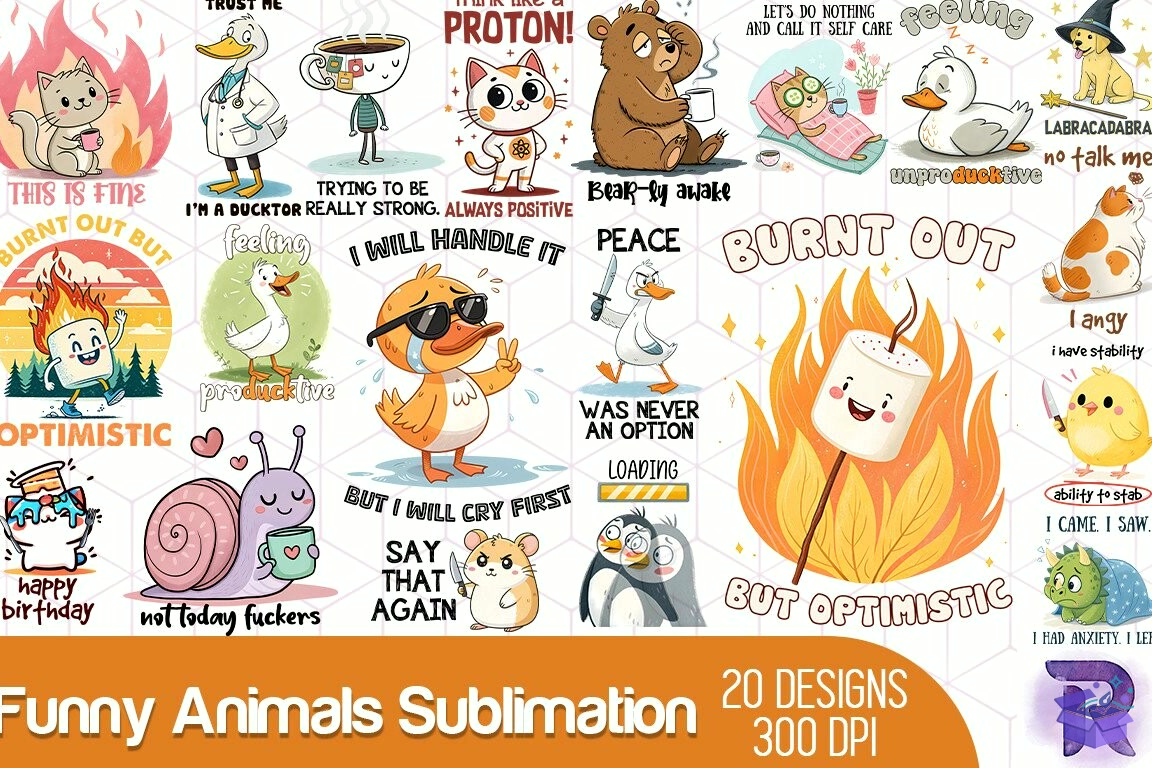 Funny Animals Süblimasyon Baskı - DTF & Süblimasyon Baskı Tasarımı (SVG, DXF, EPS, PNG)