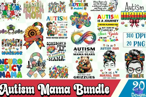 "Autism Mom" Otizm Annesi Tasarımları (20 Tasarım) - DTF & Süblimasyon Baskı Tasarımı (PNG) - Süblimasyon İndir (PNG)