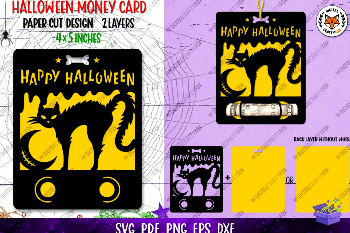 Cadılar Bayramı Kedi Money Card SVG Tutucu - Lazer Kesim ve Çizim Dosyası (SVG, DXF, EPS, PNG)